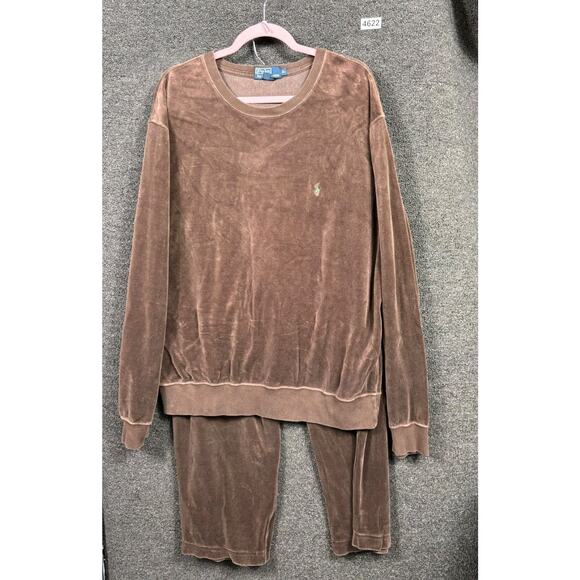 Polo Ralph Lauren Velour Sweat Set Mens XL Top L Pants Brown Crewneck Pony Logo - Picture 2 of 16